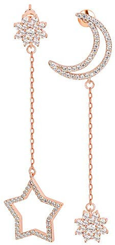 Onefeart Rosen Goldbe Schichtet Ohrstecker für Frauen Mädchen Runden Cubic Zirconia Damen Stil Halbmond Mond Stern Design Tropfenohrringe 19x66.5MM Rose Gold