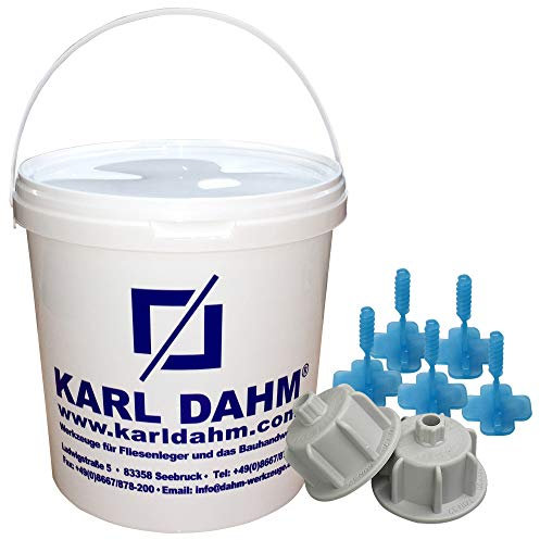 Karl Dahm Fliesen Nivelliersystem Levelmac Basis-Set für 3 mm Fugen: 50 schwarze Zughauben + 250 blaue Gewindelaschen + Eimer I Leichtes Fliesen-Legen mit professioneller Fliesen Verlegehilfe – 12538