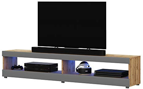 Selsey Viansola - TV-Lowboard hängend/stehend in Eiche Matt/Grau Hochglanz mit LED, 140 cm