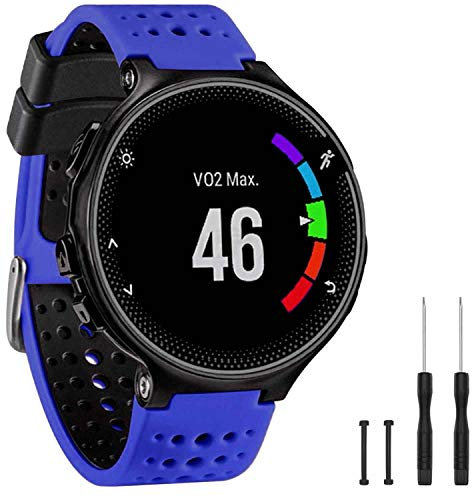 GVangel Bracelet de rechange en silicone souple compatible avec montre connectée Garmin Forerunner 220/230/235/620/630/735XT/235 Lite Unisexe, bleu/noir
