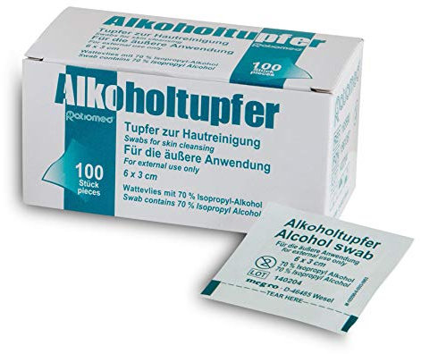 Alkoholtupfer ratiomed 6x3 cm, 100 Stck. Großpackung, Alkohol Pads Tücher Antiseptische Reinigung Sterilisation