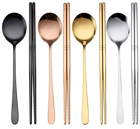 INSAMPAD 4 Set di bacchette e cucchiai, bacchette riutilizzabili, cucchiai coreani, in acciaio inox, per casa, cucina, ristorante, stoviglie