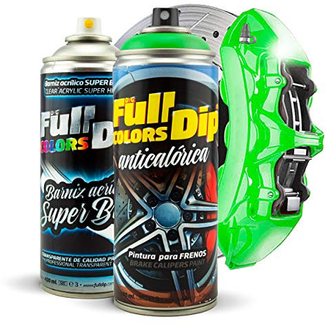 Kit Pintura para Pinzas de Freno Super Brillo en Spray 400ml (x1 Spray Pintura + x1 Spray Barniz Brillo) - Fácil aplicación - Acabado Profesional (11 Colores a Elegir) (Verde Lima)