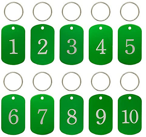 Aluminiummarken mit gravierten Nummern 1 bis 10, Schlüsselanhänger, Kennzeichnungsmarken mit Schlüsselringen, Grün
