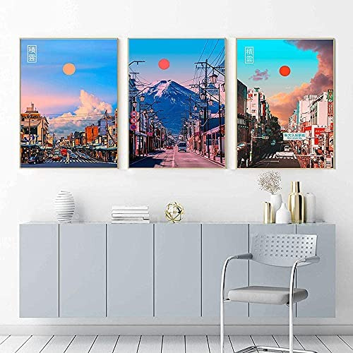 DFRES Tokyo Pastell Stadt Landschaft Poster Anime Vs Reality Kunstdrucke Japan Kyoto Cumulus View Leinwand Bild Nordic Home Wall GemäLde Deko 40x60cmx3 Kein Rahmen
