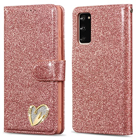 QLTYPRI Hülle für Samsung Galaxy S20 FE, Glitzer Handyhülle PU Ledertasche TPU Etui Handschlaufe Kartenfach mit Eingelegten Liebe Herz Diamond Flip Schutzhülle für Samsung Galaxy S20 FE - Rosegold