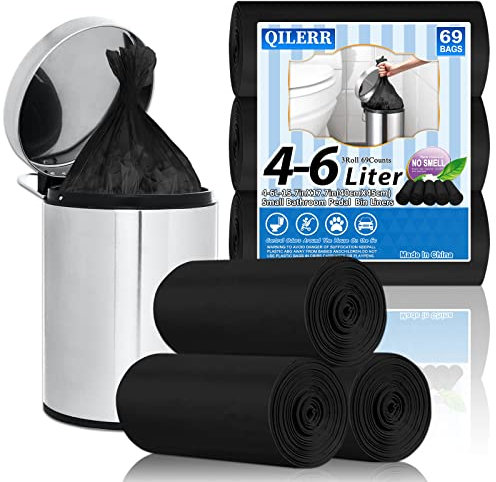 Bolsas de basura pequeñas negras de 4 a 6 litros, 69 bolsas de basura de plástico, bolsas de basura fuertes para baño, cocina, oficina, coche, para cubos de basura de 4, 5, 6 L