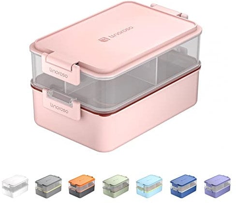 Linoroso Bento Lunch Box for Adults with 3 Compartments Lunchbox with Sauce Container and Utensils, Bento Boxes for Microwave and Dishwasher Plastic BPA-Free As Sandwich Snack Salad Box - Frozen Berry