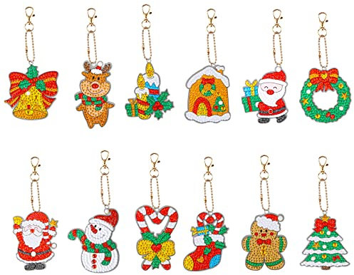 AIEX 12 Piezas Llaveros de Pintura de Diamantes Navidad, Llavero Diamantes 5D de Navidad Arte de Adornos con Papá Noel Muñeco de Nieve Cascabel Patrones de Alce para Manualidades Hogar