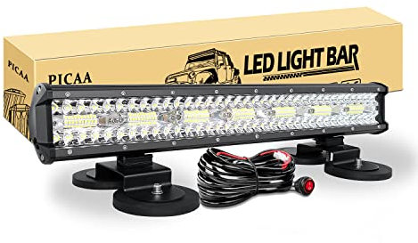PICAA Car Led Light Bar, 8D 22 inch 480W With Strong Magnetic Base Mounting Bracket, 12V Wiring Harness Cable Kit For Off road Truck SUV ATV 4x4, Flood Spot Combo, Driving Work Lamp, 6000K
