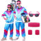 Ficlwigkis 80er 90er Jahre Outfit Herren Damen,6Pcs Blau Karneval Kostüm Trainingsanzug Retro Anzug mit Stirnband Armbänder Brille für Karneval (Blau, XL)