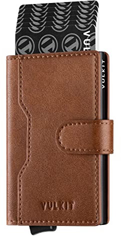 VULKIT Portefeuilles et Porte-Cartes Homme Securise RFID avec 3 Fentes pour Cartes et 1 Fenêtre ID Porte Carte Bancaire en Cuir Porte Carte Metallique Automatique avec Magnétique Fermé, Brun Clair