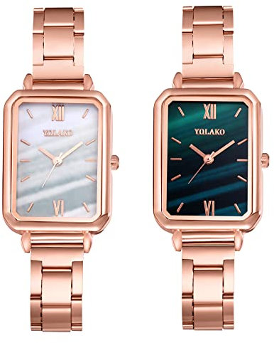 JewelryWe 2pcs Uhren Damen Analog Quarz Armbanduhr Metallarmband Beiläufige Uhr Spangenuhr mit rechteckigem Muschel Zifferblatt Rosegold Grün/Weiß