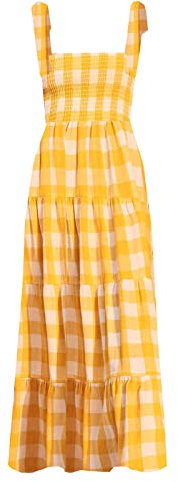 kinstell Damen Sommer Boho Spaghettiträger Quadratischer Ausschnitt Rüschen Casual Flowy Langes Kleid Strand Swing Party Maxikleid, Gelber Karo, Mittel