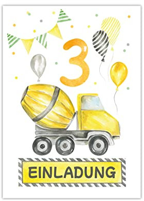 Minkocards 12 Einladungskarten zum dritten Kindergeburtstag 3. Geburtstag Jungen Jungs Baustelle Einladungen zum Geburtstag Kinder bunte Geburtstagseinladungen