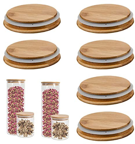6 pezzi di coperchi a tazze in legno con coperchi di stoccaggio in vetro ermetico in silicone per barattoli Gu Pot