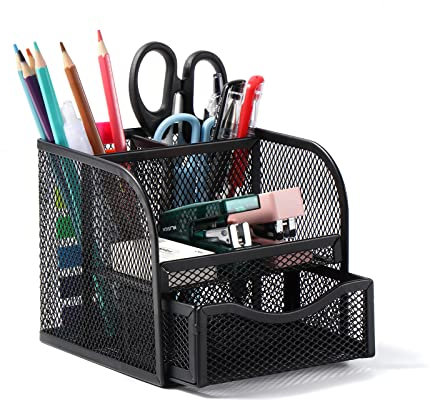 Vinabo Rangement Bureau, Organisateur de Bureau en Filet MéTallique, Pot a Crayon Bureau avec 4 Compartiments de Tri, Porte Stylo Peu Encombrant avec Tiroir Coulissant pour Papeterie, Maison, école