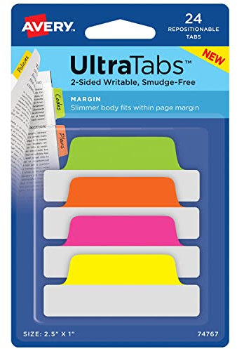 AVERY Zweckform Art. 74767 Haftstreifen transparent/neon (24 Haftnotizen, 63,5x25,4mm, beschreibbare Index Tabs Folie, ablösbare Klebezettel, Page Marker, Sticky Notes, Klebemarkierungen)