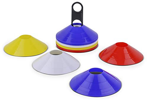 HAEST - Fußball Hütchen Set mit 40 Markierungshütchen in 4 Farben, mit Tragestab, Trainingszubehör für Fußball, Fitness & Agility, Blau, Gelb, Rot, Weiß