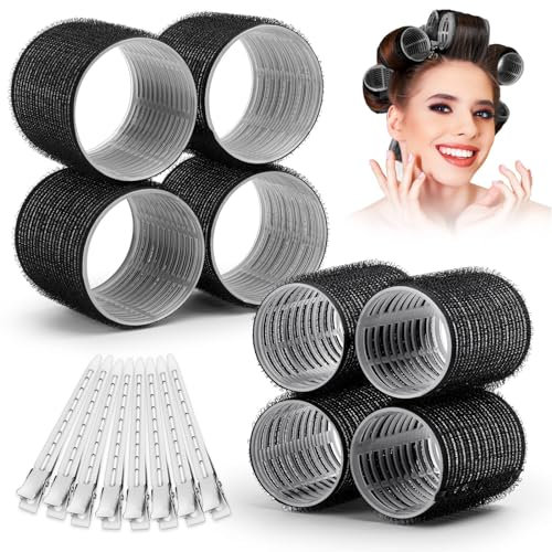 Lot de 16 bigoudis auto-agrippants avec 8 bigoudis 2 tailles (4 Jumbo et 4 grands) et 8 pinces à cheveux pour cheveux longs, moyens, courts, épais, fins et fins (noir)