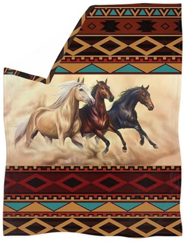 HUGS IDEA Fleecedecke mit Aztekenmuster und Pferdemotiv für Jungen und Mädchen, geometrischer Druck, Plüsch, Überwurfdecke für Sofa, Couch, Kinderzimmer, Schlafzimmer