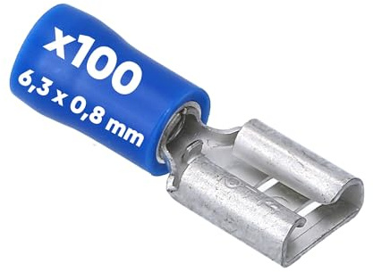 Kalitec 100x Flachsteckhülsen Blau - 6,3x0,8mm Kabelverbinder 1,5-2,5mm² | Teilisolierte Messing Steckverbinder mit PVC Kragen, UL-zertifiziert, AWG 16-14, ideal für Kfz, Schaltschrank und Industrie