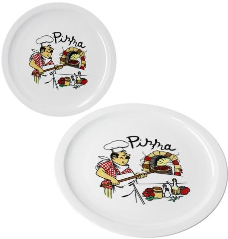 MamboCat Luigi Lot de 2 assiettes à pizza I Ø 30,5 cm I pour 2 personnes I Grandes assiettes à pizza blanches en porcelaine avec motif boulanger à pizza I pour pizzas ou pour servir I Assiettes plates