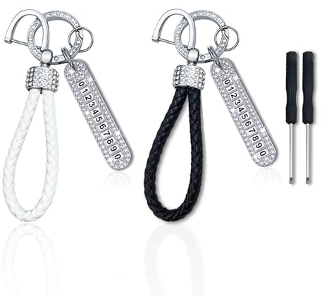 2 Pièce Porte Clef Tressé, Porte Clés Voiture Porte Clef Cuir avec 2 Pièce Lanières Scintillantes Porte-Clés de Boucle En D Anti Perte Hommes Et Femmes(Blanc, Noir)