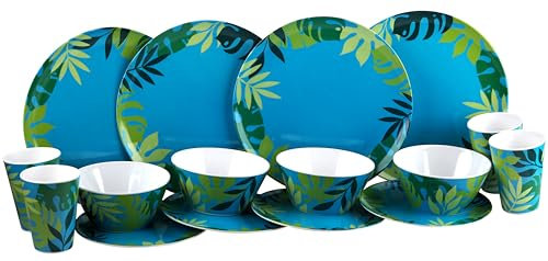 Melamine Reusable Plastic Dinner Set - Blue Green Leaf Plate Cup Bowl (16 Piece Set)