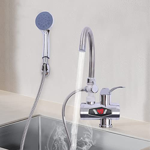 3000W Wasserhahn mit Dusche LCD Temperaturanzeige Elektrische Sofort Heizung Durchlauferhitzer Armatur für Haushalte, Hotels, Silber