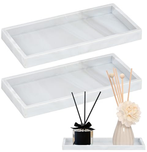 2 Pz Vassoio Portaoggetti da Bagno, Vassoio da Bagno Vassoio Decorativo, Vassoio Bagno Portaoggetti, Vassoio Profumi Organizer Rettangolare per Organizzare Gioielli Cosmetici Sapone - Marmo Bianco