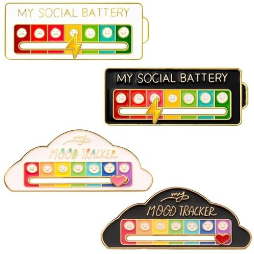 4Pcs Social Battery Brooch Pin, My Social Battery Creative Mood Pin, Fun Enamel Sentiment pin for 7 Days A Week, Funny Social Battery Badge Gift for Women Man Teen