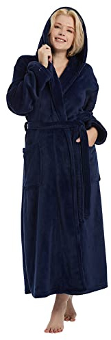 DiaryLook Fluffy Ladies Dressing Gown with Hooded, Super Soft Loungewear Robe for Women, Dressing Gowns for Women UK Bathrobe (A-Navy Blue L)