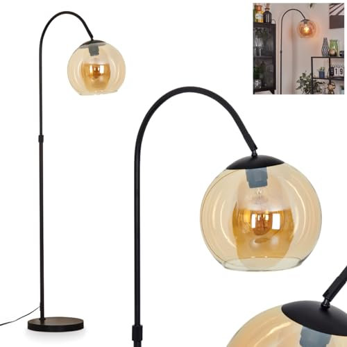 Stehleuchte Koyoto, Stehlampe aus Metall/Glas in Schwarz/Bernstein, Leuchte im Retro/Vintage/Industrial-Design mit Schirm aus Glas (Ø 25 cm) u. Fußschalter, Höhe 141 cm, 1 x E27, ohne Leuchtmittel