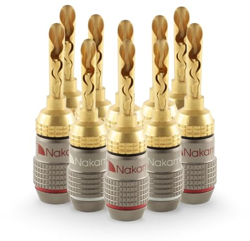 Nakamichi FanLock Excel-Serie 24 Karat vergoldeter BFA Bananenstecker, 10 AWG – 18 AWG, 4 mm Dicke für Lautsprecherverstärker, Hi-Fi Stereo Heimkino Audiokabel Schnellanschluss, 10 Stück (5-Paare)