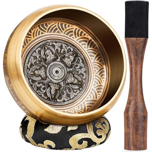 Große Tibetische Klangschale, Handgefertigt in Nepal für Yoga, Chakra-Heilung, Stressabbau, Selbstpflege Geschenke für Frauen und Männer, Weihnachtsgeschenke (Fünf Buddhas-Welle, 14cm)