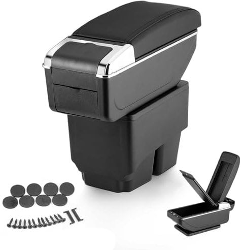GEARCELL Car Armrest Storage Box Compatible With Fiesta MK7 2009-2017, Central Console Storage Box with Cup Holder, PU Leather Double Layer Storage Armrest Box(Black)