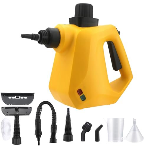 Dampfreiniger mit 9 Zubehörteilen, 1000W Hand Dampfreiniger Handgerät, 3,0 bar Dampfdruck 350ml 2 Minuten Aufheizzeit, Dampfreiniger Boden für Auto Bad Fenster Teppich Sofa Fliesen Fugen