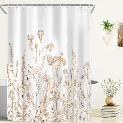 Riyidecor Duschvorhang für Einzeldusche, dekorativ, rustikaler Landhausstil, florales Design, Kräuter, Kunstdruck, Polyester, wasserdicht, mit 12 Kunststoffösen, ca. 140 x 200 cm (B x H), Weiß, Gold,