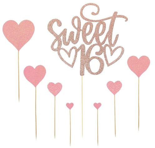 YSJCHEBS 1 Stück Roségold-Einsatz, 7 Stück Herz-Einsatz, Kuchendekoration Zum 16. Geburtstag, Personalisierte Kuchendekoration, Kucheneinsatz, Goldener Happy Birthday-Kuchenaufsatz