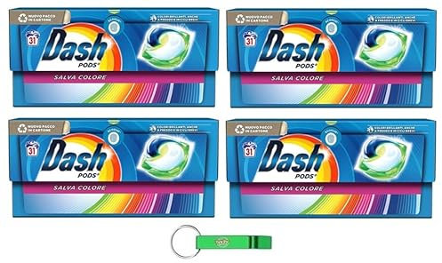 Dash Pods Salva Colore Lot de 4 flacons de lessive en capsules, 31 lavages – Garantit une propreté irréprochable contre les taches + porte-clés Beni Culinari gratuit