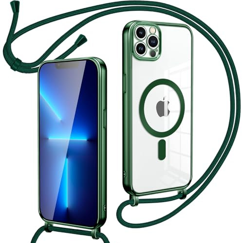 Oelrstfe Collier Magnétique Coque avec Cordon pour iPhone 13 Pro, Transparent Réglable Étui Chain Chaine Housse de Souple Silicone Antichoc Etui Bandouliere Laniere pour iPhone 13 Pro-Vert