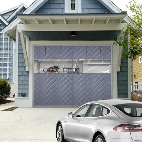Rideau de porte de garage à isolation thermique avec fenêtre transparente, kit d'isolation de porte de garage 16 x 7 pieds pour 2 voitures, tissu Oxford rempli et coton épais, écran porte garage gray