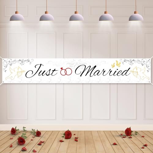 Koliphy Just Married Deko, Stoff Banner für Hochzeit Fest, Liebesgeständnis, Valentinstag, Heiratsantrag, Brautdusche & Junggesellinnenabschied Dekoration (180 x 30cm)
