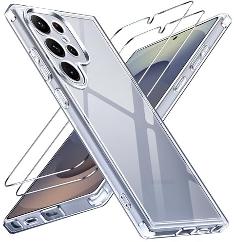 ivoler Nie Vergilbung Klar Hülle für Samsung Galaxy S25 Ultra 5G, 1 Handyhülle mit 2 Stück Panzer Schutz Glas, [Militärischer Schutz] Stoßfest Transparent Schutzhülle Dünn Durchsichtige Case