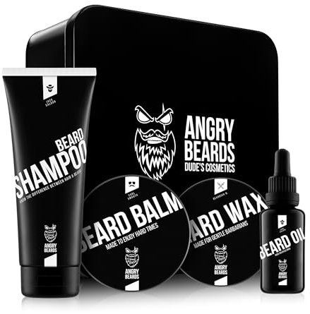 Angry Beards Bartpflege Set | Komplettes Pflegeset für Bartwachstum & Styling | Enthält Bartöl, Bartbalsam, Bartshampoo & Bartwachs | Natürliche Öle, Vitamine & Nährstoffe