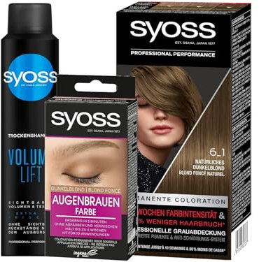 SYOSS Color Coloration 6_1 Dunkelblond Stufe 3 (1x 115 ml) bis zu 10 Wochen Farbintensität & Augenbrauen Kit Augenbrauenfarbe Dunkelblond Stufe 3 (17 ml) & Trocken-Shampoo Volume Lift (200 ml)