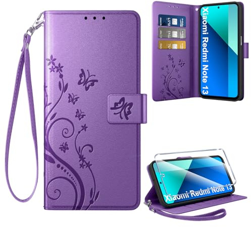 Coiwxmoi Coque pour Xiaomi Redmi Note 13 4G + 1 Verre Trempé, Retro Design Housse Premium en Cuir PU Pochette de Portefeuille pour Porte Cartes Fonction Stand Flip Etui pour Redmi Note 13, Violet