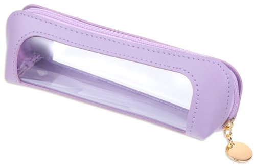 Clear Makeup Brush Bag, PU Leather Small Makeup Pouch Portable Travel Mini Cosmetic Bag Transparent Waterproof Organizer Pouch with Zipper for Women Home Travel Office Cosmetic Storage (Purple)