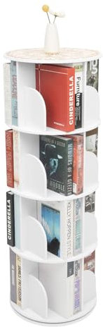 SYNCMH Drehbares Bücherregal, 4 Ebenen 16 Fächer, 360° Schwenkbar 40×40×115.5 cm, Bücherregale, Standregal, Drehregal, Büroregal, Dekoregal, für Schlafzimmern, Wohnzimmern, Kinderzimmern, Weiß